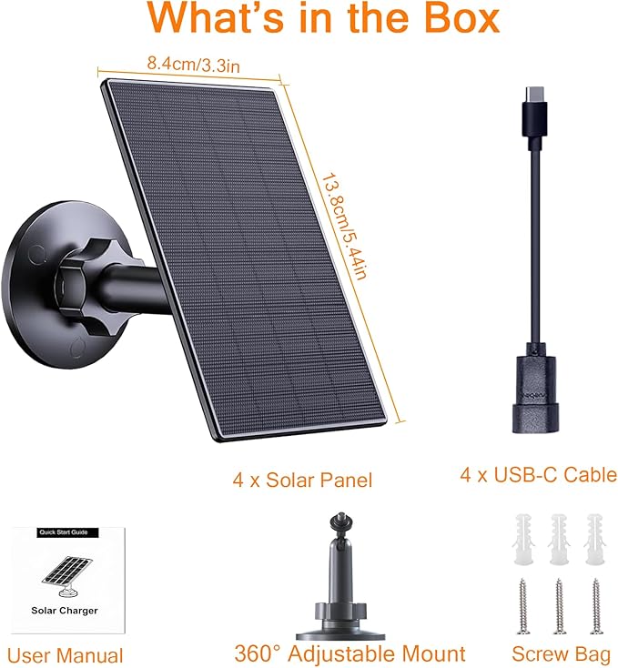 Zivif Solar Panel for Security Camera, 2W USB Solar Panel, Solar Charger Compatible for Rechargeable Battery Security Camera, USB C Solar Outdoor Camera with 360° Adjustable Mount, Black (4 Pack)