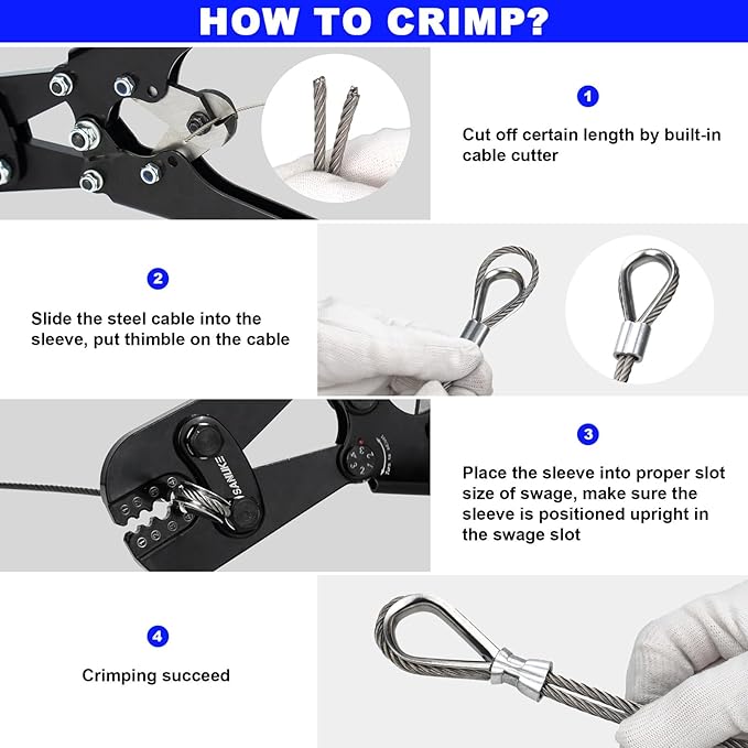 Sanuke Wire Rope Crimping Tool Kit with 33ft 1/8" Stainless Steel Cable 7x7 Strand Core for Aluminum Oval Sleeves, Double Sleeves, Crimping Loop Sleeves from 3/64-inch to 1/8-inch