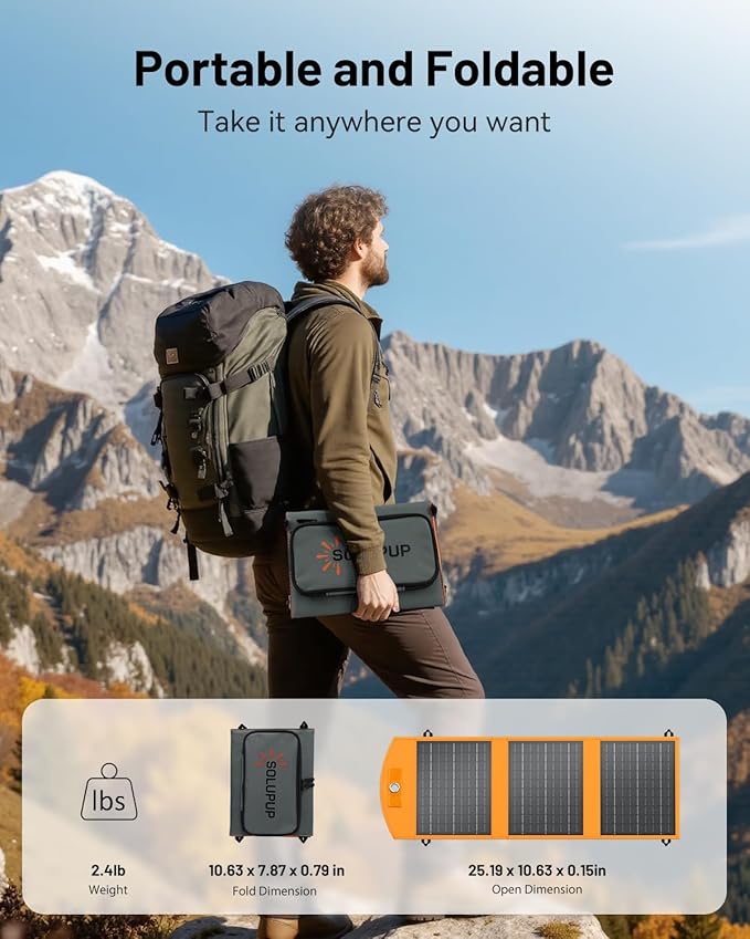 Solar Panels 30W Portable Foldable Solar Charger with 5V USB-A and USB-C Fast Charging Compatible with iPhone, iPad, Samsung, Power Banks, IPX5 Waterproof Perfect for Camping, Hiking, Outdoor