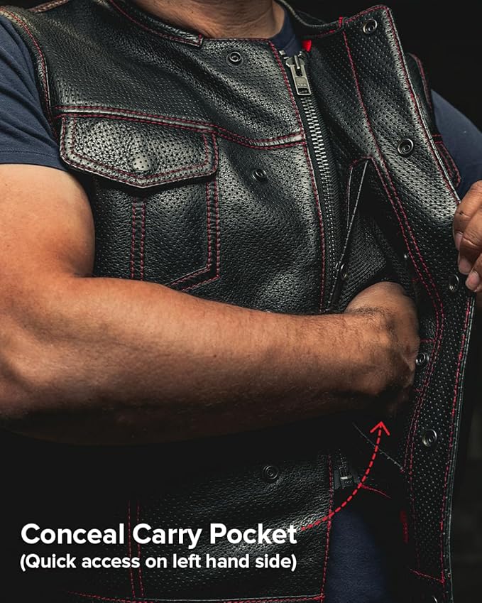 First Mfg Co - Lowside - Mens Motorcycle Biker Riding Canvas, Leather, Twill, Perforated Leather Vest