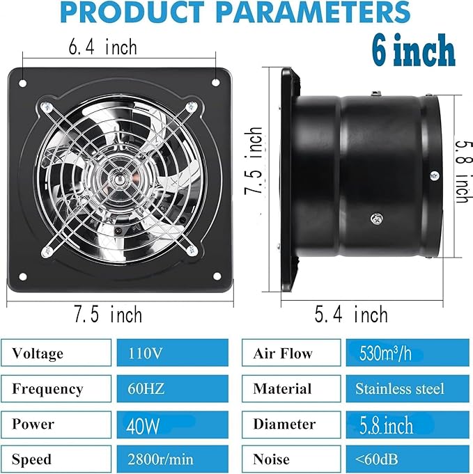 Exhaust Fan 40W Through-wall installation Ventilation Fans 110V Exhaust Fan with Plug 6 inch Exhaust Smoke Fan with Pure Copper Motor for Kitchen Shopping Mall (Black)