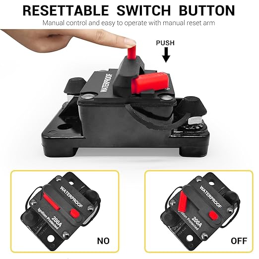 200Amp Circuit Breaker DC 12V-48V for Marine Boat Trolling Motor Automotive RV Trailer Car Solar System Battery Disconnect with Manual Reset Switch, IP67 Waterproof (Pack of 2)