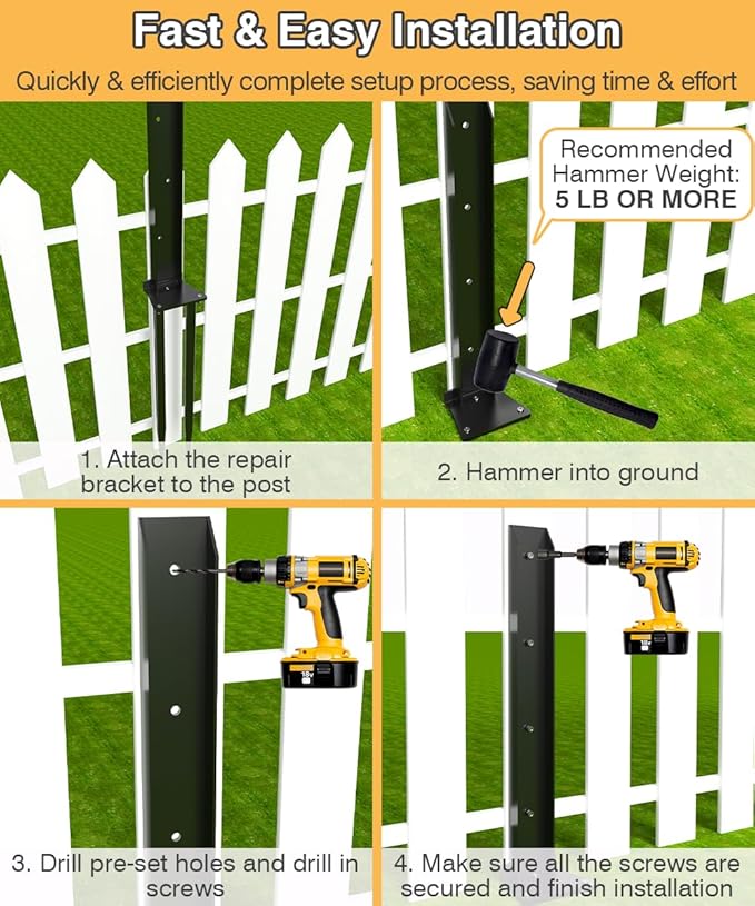 Fence Post Anchor Kit, Heavy Duty Metal Steel Fence Post Repair Kit, Fence Post Anchor Stakes Ground Spike for Repairing Tilted/Broken Wood Fence Post, Double-Tube Style, 1 Pack, Black