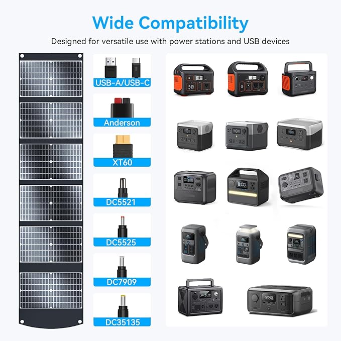 100W Portable Solar Panel Extremely Lightweight Compact Foldable with USB QC3.0, Type-C PD3.0, Anderson and XT60 DC 20V for Camping Power Station, Solar Generators, Cell Phones