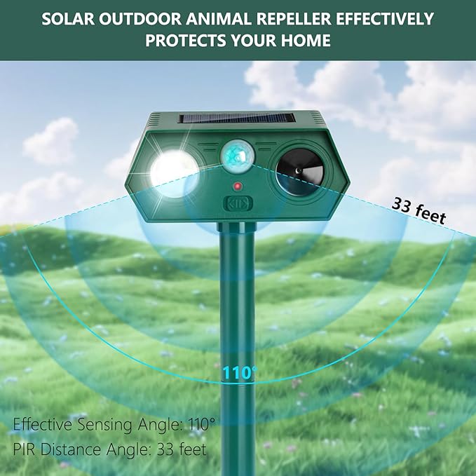 2Pack 2026 Ultrasonic Animal Repellent Outdoor Deer Repellent Devices Solar Animal Repeller Motion Activated Deterrent to Scare Cat Squirrel Rabbit Raccoon Skunk with LED Flash Lights for Yard Lawn