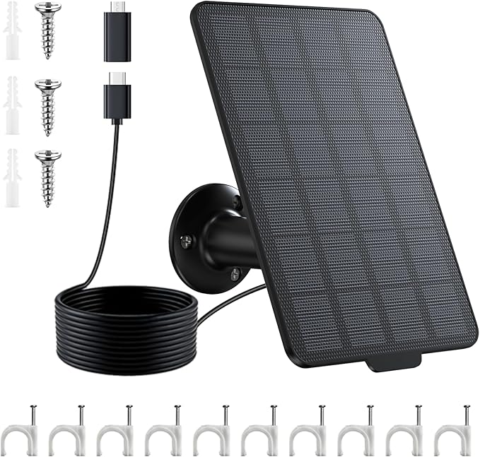 3W Solar Panel for Battery-Powered Security Cameras,USB-C & Micro USB Solar Charger for Wireless Outdoor Cameras,IP65 Waterproof, 9.8ft Cable, 360° Adjustable Mount (Black, 1 Pack)