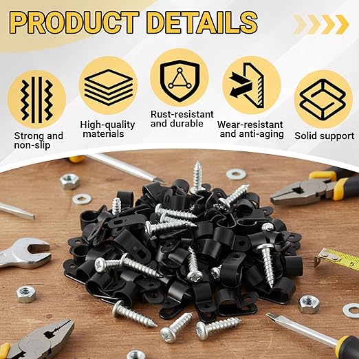 100 Pcs 1/2 Inch Rope Light Clips P-Style Cable Clips Black Mounting Plastic Cable Plastic Clamps Compatible with Stainless Steel Screw for Wire Cord Management Reinforced & Thickened Design