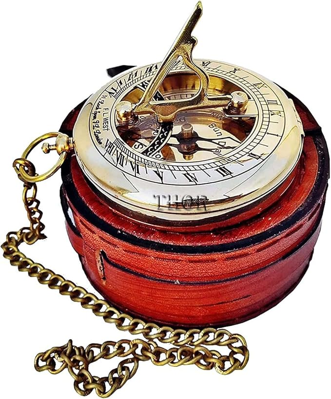 Beautiful Brass Sundial Compass with Brown Leather Case & Chain | Push Open Compass | Camping | Hiking Steampunk | Accessory Brass Finish | Sundial Clock Anniversary | Valentine’s Handmade Gift