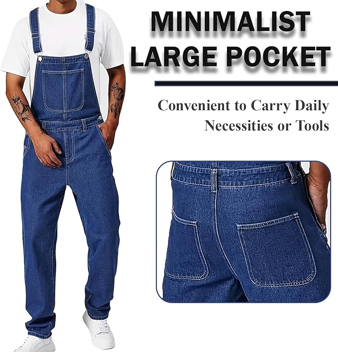Men's Bib Overall Relaxed Fit Adjustable Strap Denim Work Pants with Large Pockets Durable Comfortable Jumpsuit for Men