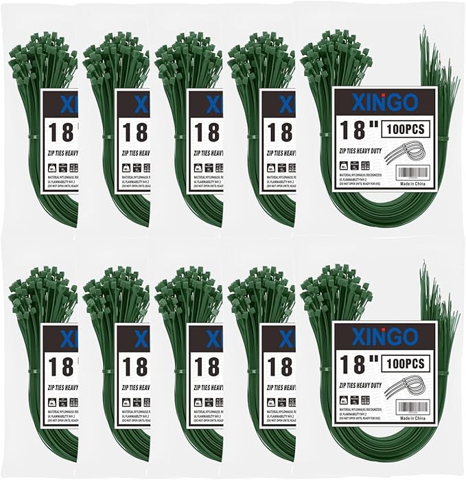 XINGO 1000 PCS 18 Inch Garden Green Zip Ties Heavy Duty, 60lb Tensile Strength, UV Resistant Cable Ties for indoor and outdoor use