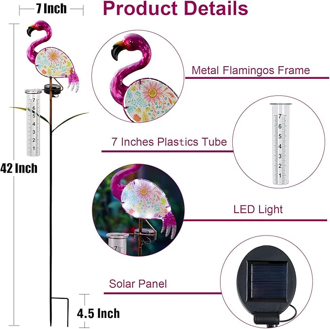 Flamingo Rain Gauge Outdoor - Solar Garden Stake Rain Gauges for Yard with LED Lights & Plastic Measuring Cup for Rain for Lawn, Pathway Decor, Gifts for Wife/Women
