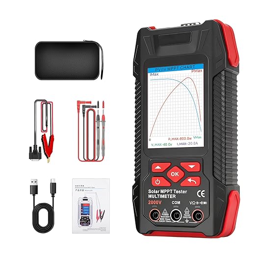 2000W Solar Panel Tester, 2-in-1 MPPT Photovoltaic Meter & 60000-Count Digital Multimeter with 2000V AC/DC, 3.2" Color Display for PV Panel Testing, Installation & Maintenance
