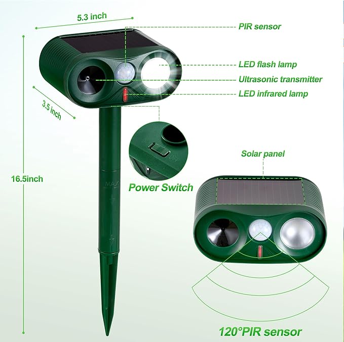 2Pack Solar Ultrasonic Animal Repeller with Strobe Light – for Gardens, Farms and courtyards Outdoor Deterrent for Raccoons, Deer, Squirrels, Cats, Skunks & Foxes