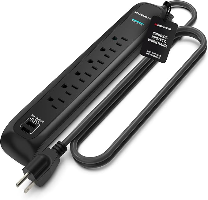 Monster Power Surge Protector w/ 1200 Joule Rating — Heavy Duty 6 FT Surge Protector Power Strip w/ 6 120V Outlets, 2 USB-A Ports — Fireproof MOV, Dual Mode, Clean Tech for Home & Office (Black)
