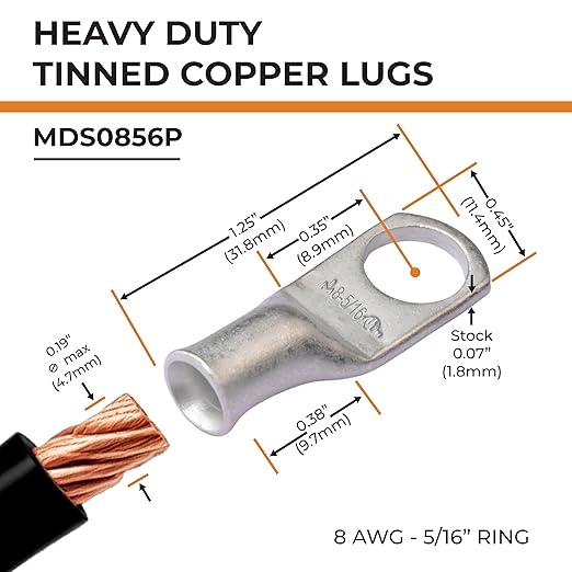 SELTERM 10pcs 8 AWG-5/16" Stud Tinned Copper Wire Lugs, Heavy Duty Battery Cable Ends,8 Gauge Ring Terminals, UL Battery Lugs Marine Grade Copper Eyelets Electrical Battery Terminal Connectors
