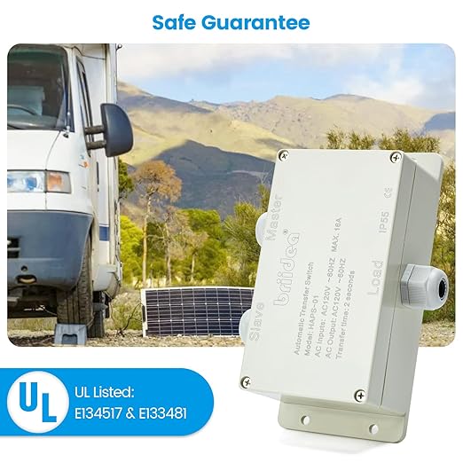 Automatic Transfer Switch, Briidea 120 VAC 16 AMP ATS Auto Transfer Switch for Inverter and Main Powers, Suitable for Use in Boats, RVs, Solar Power Systems, Motorhomes
