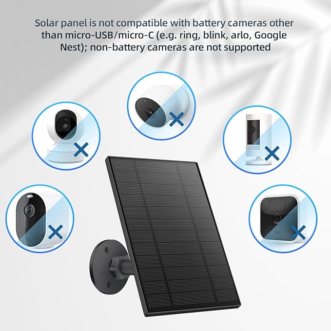 5W Solar Panel for Security Camera, Solar Panel with Micro USB & USB-C Port for DC 5V Outdoor Rechargeable Battery Camera, IP65 Waterproof, 360° Adjustable Security Mount, 9.8ft Cable(Black 1PC)