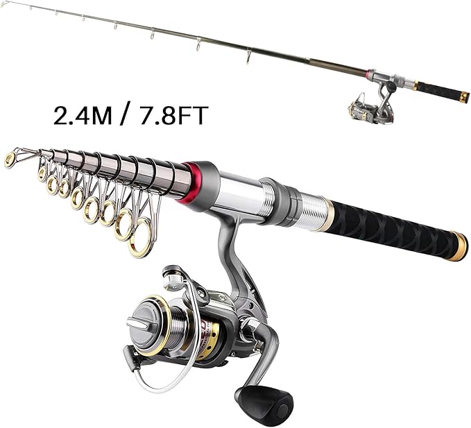 Fishing Rod Reel Combo Full Kit Telescopic Spinning Pole Set with Reel Line Lures Hooks Carrier Bag Saltwater Freshwater Fishing Gear Tool for Kids Adults Professional