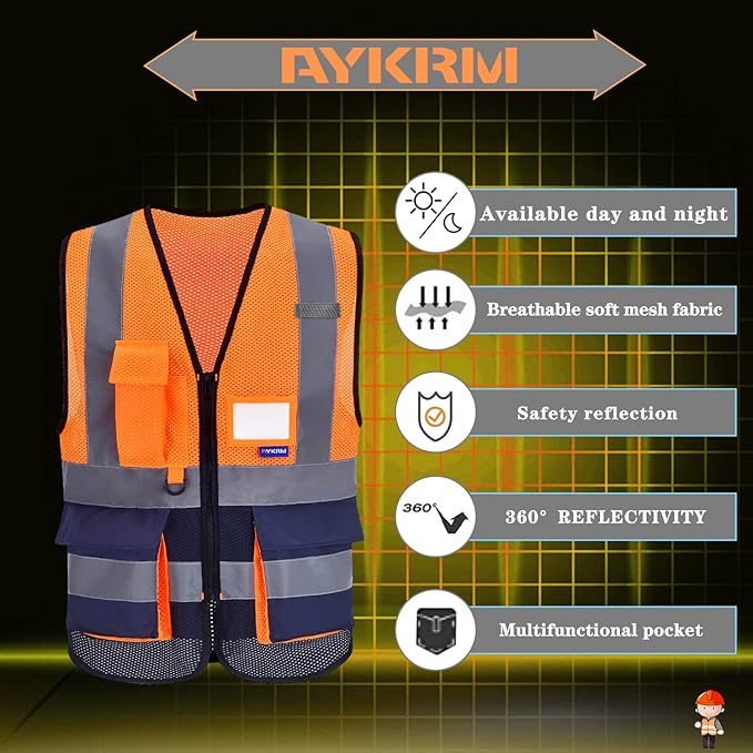 A-SAFETY High Visibility Mesh Safety Reflective Vest with Pockets and Zipper,Hi Vis Viz Reflective Safety Vest(Orange&Navy Mesh 3XL)