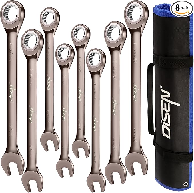 DISEN 8pcs Large Wrench Set Nickel Plating Jumbo Ratcheting Wrench Set Metric & SAE Combination Wrench Set with Rolling Pouch 24,27,30,32mm & 1'',1-1/16'',1-1/8'',1-1/4'' CR-V Steel Father's Gift