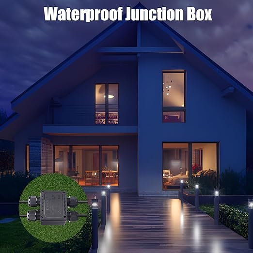 Waterproof 4 Way Junction Box, 2 PCS IP68 Underground Electrical Box with Terminal Block for Landscape Lighting, Garden Lights, Solar Power