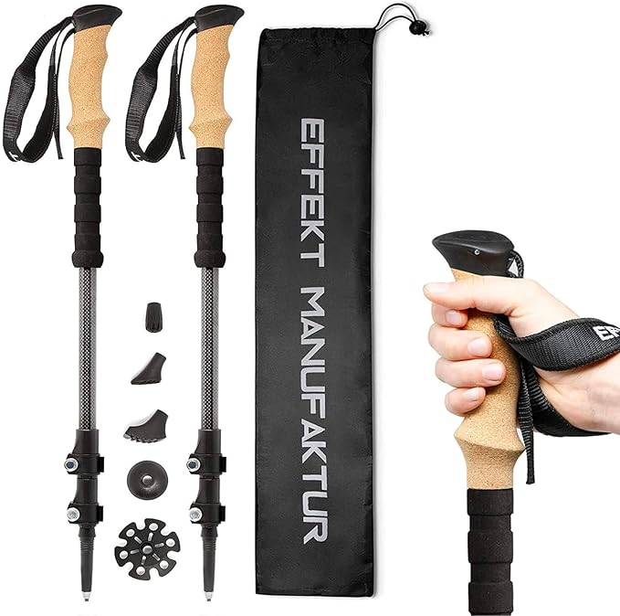 Effekt Carbon Trekking Poles Adjustable with Cork Grip & Bag - Hiking Poles, Telescopic Portable Nordic Walking Stick with Quick Locks, Collapsible Hiking Poles for Men, Women, self Defense ski Poles