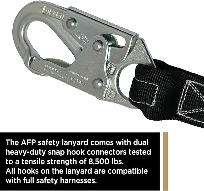AFP 6 FT Single Leg Internal Shock Absorbing Safety Lanyard with Dual Snap Hooks