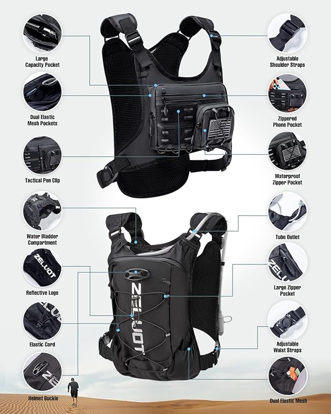 Running Vest with 2L Water Bladder, Hydration Backpack, USA Original Patent, Lightweight Hydration Pack with Gear Holder, Reflective Chest Pack for Men Women for Marathon
