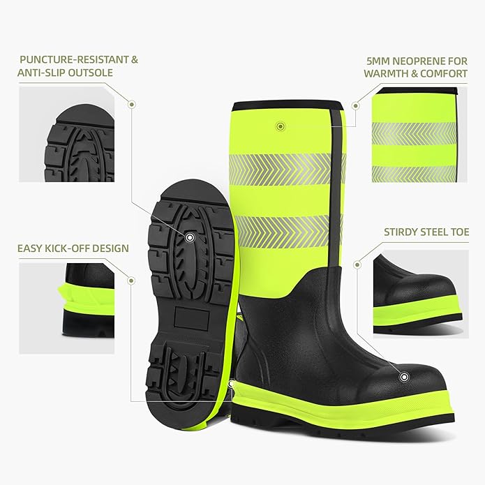 Men's Steel Toe Rubber Work Boots, Waterproof Neoprene Safety Boots with Puncture Proof Midsole - Oil & Chemical Resistant, Reflective High-Vis for Construction, Concrete, Roadwork