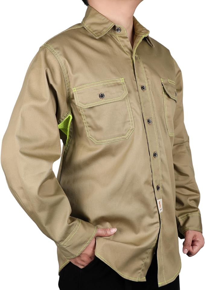 BOCOMAL FR Shirt for Summer Lightweight Vented Mesh Back and Underarm Breathable Flame Resistant Welding Button Down Shirts