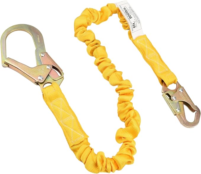 Single Leg 6-Foot Fall Protection Internal Shock Absorbing Stretchable Safety Lanyard with Snap & Rebar Hook Connectors CSA＆ANSI Compliant