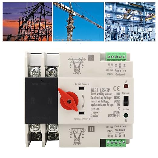 Automatic Transfer Switch, 50 60HZ Generator Automatic Transfer Switch 2P ATS AC110V 100A for PZ30 Distribution Boxes in Homes Factories and Laboratories, PC and Silver