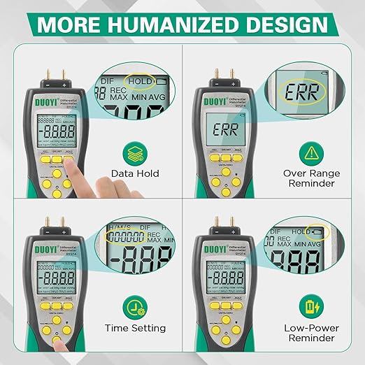 Manometer Gas Pressure Tester ±241.3Kpa/35Psi Wide Range Digital Manometer Lp Gas Pressure Tester with 11 Pressure Units, MAX/MIN/AVG Measurement, Data Storage/Hold, 9V Battery