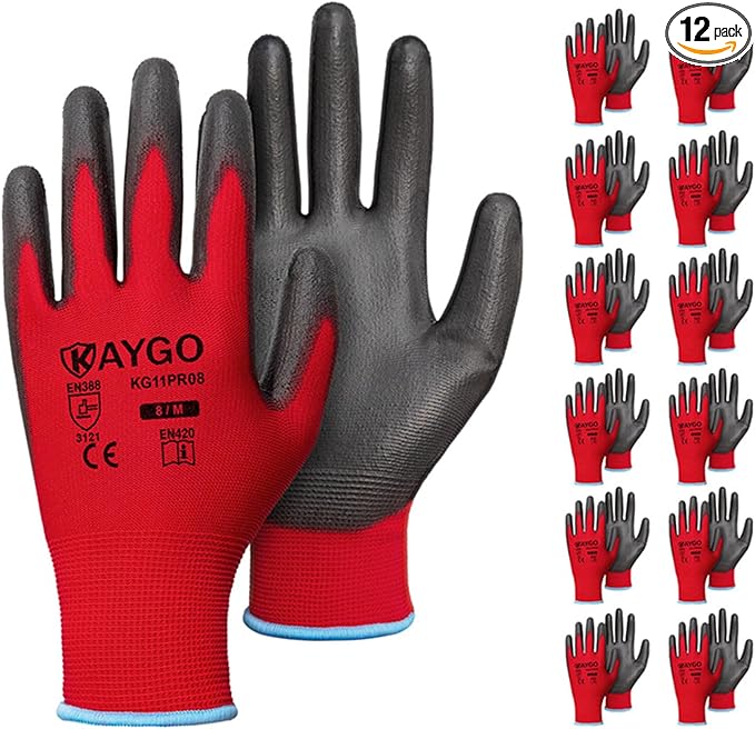 KAYGO Work Gloves for Men and Women, 12 Pairs Seamless Knit PU Coated Safety Gloves, with Smooth Grip on Palm and Fingers, Ideal for Light Warehouse, Manufacturing, Gardening, KG11P (M, Red)
