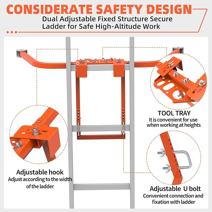 Ladder Stabilizer,Heavy Duty Steel Extension Ladder Stabilizer for Roof Gutter and Wall with Anti-Slip Rubber Feet,Ladder Standoff with Wing Span/Wall Extension Accessory(Orange)