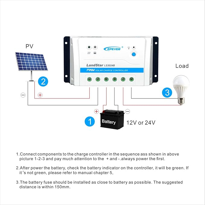 EPEVER 30A PWM Solar Charge Controller LS3024B 12V/24V Auto Work for Solar Lighting System Multiple Load Working Mode Manual Control, Light ON/Off, Timer (LS3024B)