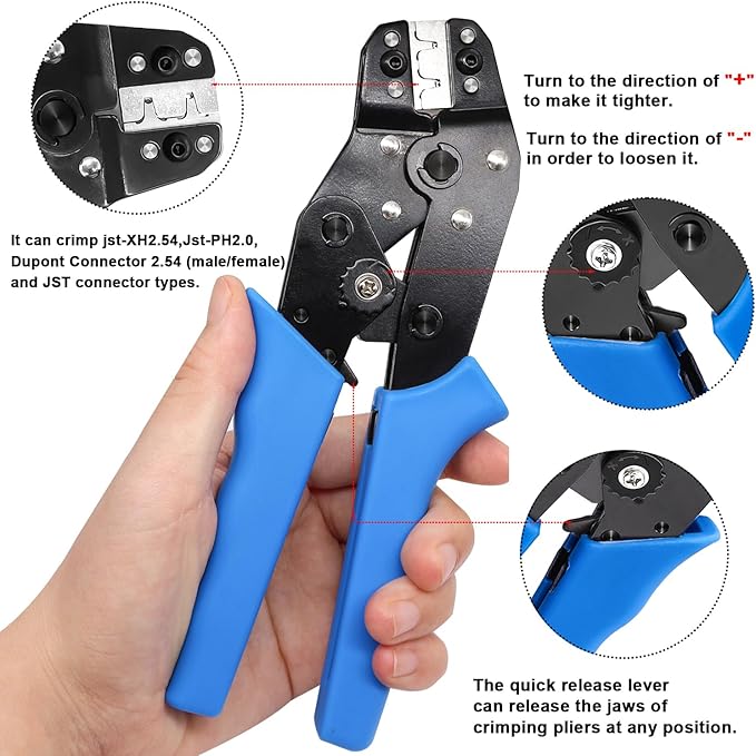 Taiss JST Crimping Tool,Dupont Crimping Tool,JST Crimper,Dupont Crimper,Ratcheting Wire Crimper for JST Connector XH 2.54mm,PH2.0,D-sub Terminals,(0.08-0.5mm² 28-20AWG)