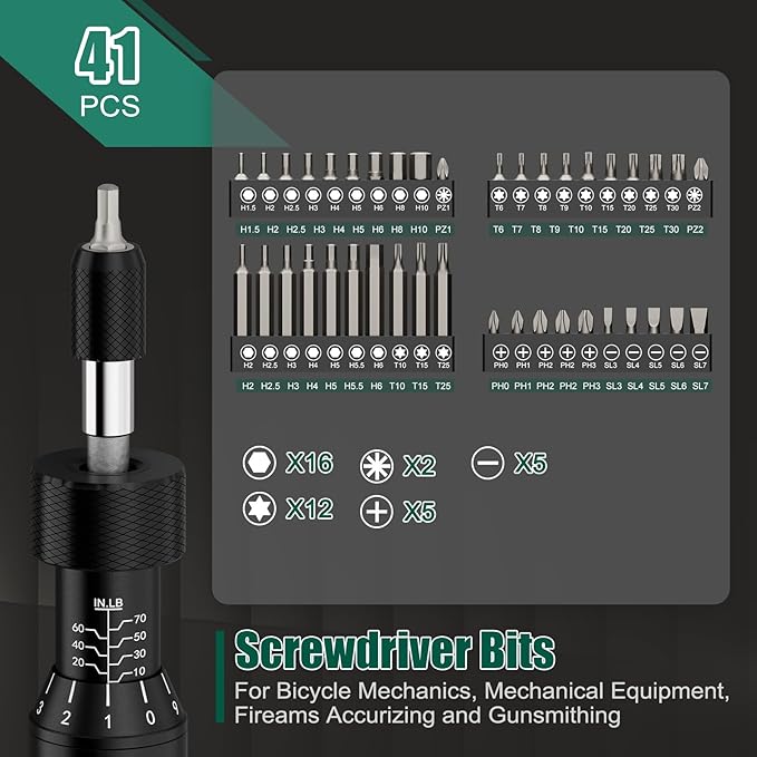 Torque Screwdriver Set 10-70 in-lb, Adjustable Inch-Pound Torque Driver Kit with S2 Steel Bits & Case – Prevents Over-Tightening for Scope Mounting, Electronics & Bicycle Maintenance