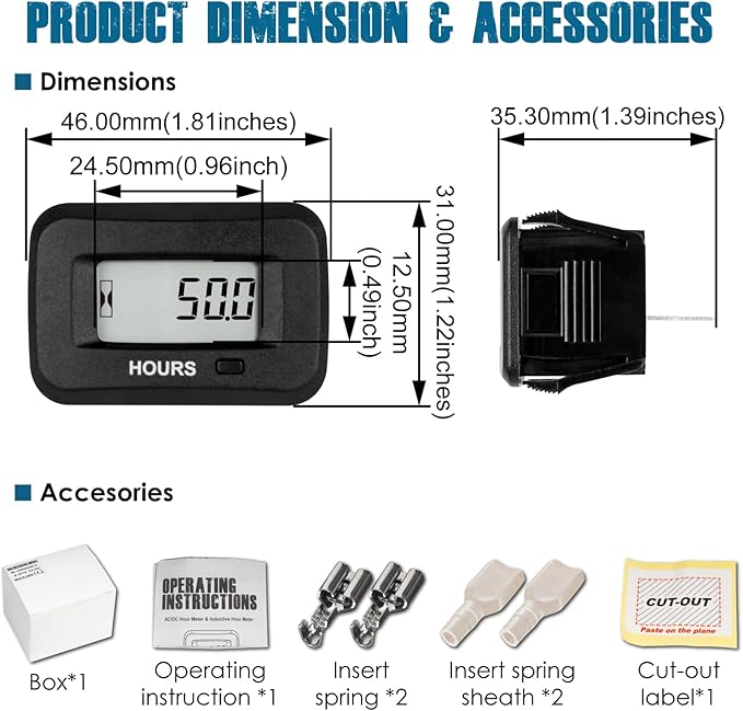 Runleader Digital Maintenance Hour Meter,AC/DC 5V to 277V for ZTR Lawn Mower Tractor Generator Motorcycle RV Motorhome Milling Machine etc.