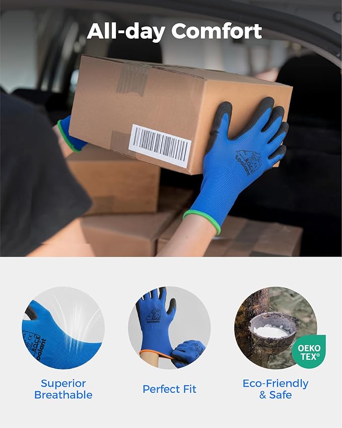 toolant Crinkle Latex Work Gloves Bulk, Rubber Coated Safety Work Gloves for Men and Women, 12 Pairs for Construction, Gardening, Warehouse (Black & Blue, Medium)