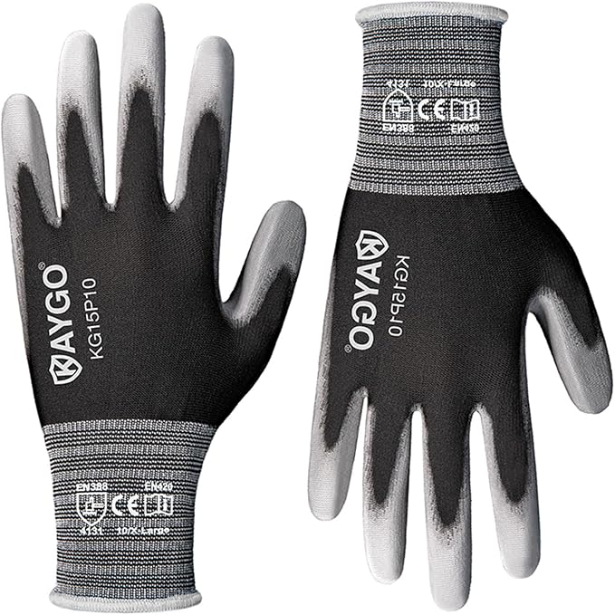 KAYGO Work Gloves PU Coated 12 Pairs, KG15P,Nylon Liner with Flexible Polyurethane Coating,Safety Work Gloves for DIY, Assembly, Warehouse, Light Duty Work (X-Large, Black)