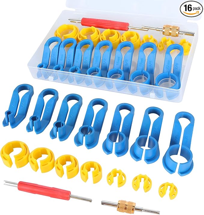 16PCS AC Fuel Line Disconnect Removal Tool Set, 1/4 5/16 3/8 1/2 5/8 3/4 7/8 Inch Car Transmission Oil Cooler Line Quick Disconnect Kit, Fuel Line Master Disconnect Tool with Valve Core Remover