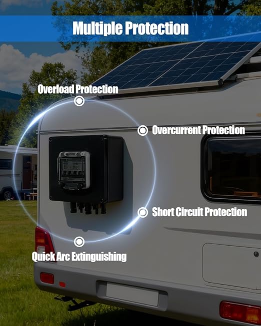 Solar Panel Disconnect Switch, 32A 1000V DC Circuit Breaker Box, 2 String PV Disconnect 2 in 2 Out, IP67 Waterproof Solar Isolator with MC4 Connectors for PV Array, Off-Grid & On-Grid Systems