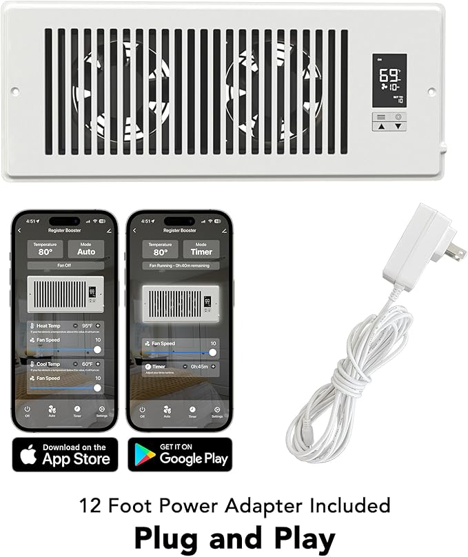Quietcool Register Booster Fan for 4" x 12" Registers - Smart App Control - Quiet Vent Fan with Auto Thermostat - 10 Speeds