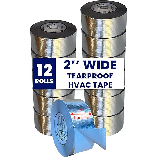 BlueTex Insulationㅤ HVAC Aluminum Foil Tape 2 inch x 150 ft (6 mil), Professional Grade Silver Metallic Tear-Proof HVAC Tape, Heavy Duty Aluminum Tape for Ductwork, Dryer Vent & Insulation - 12 Rolls