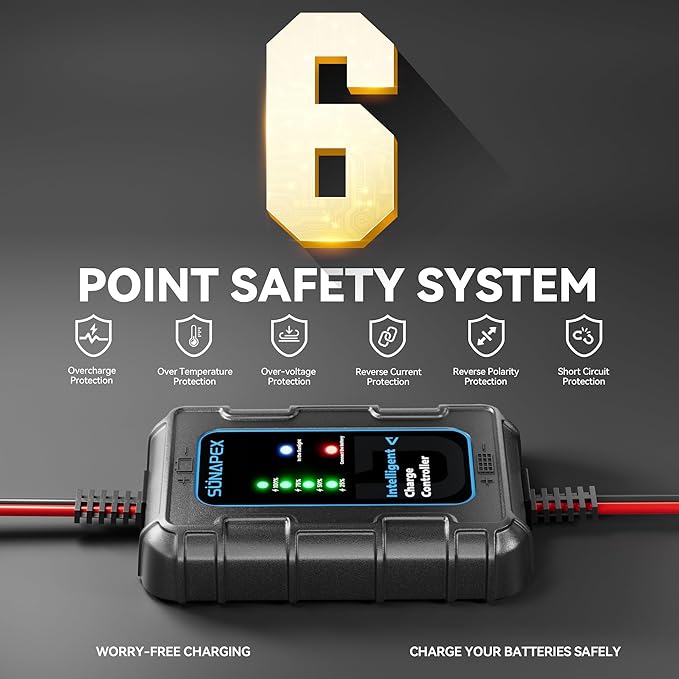 Sunapex Solar Charger Controller 12V: 10A PWM Intelligent Solar Panel Controller 12Volt with LED Display - Waterproof Smart Regulator for RV Boat Car Battery - Tailored AGM Gel LiFePO4 Battery Charger