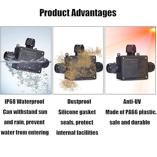IP68 Waterproof 3 Way Junction Box, Underground Electrical Box with Terminal Block, for LED Landscape Lighting, Garden Lights