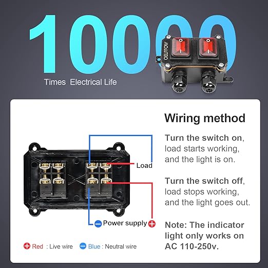 Waterproof On Off Toggle Switch Double Switch/Outlet with Red Light Rocker Button Inline Cord Switch DPST AC/DC 20A-125V,16A-250V,30A-24V,35A-12V, IP66