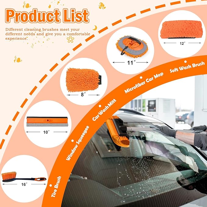 12FT Car Wash Brush with Long Handle, Car Cleaning Kit with Soft Bristle Wash Brush, Microfiber Cleaning Mop, Window Squeegee, Mitt, Wheel Brush for RV, Truck, Boat, House Siding