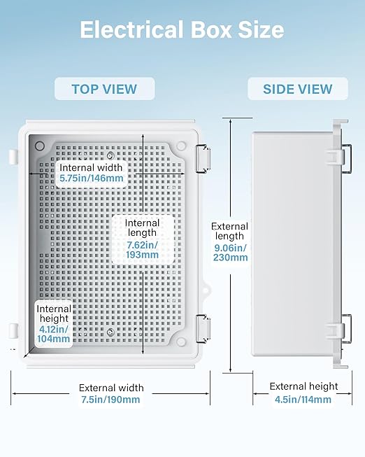 GEVEELIFE Waterproof Junction Box ABS Plastic, Outdoor Electrical Box IP67 Hinged Cover Project Box with Mounting Plate Wall Brackets and 2 Cable Glands, Grey Electrical Enclosure 8.7"x6.7"x4.3"